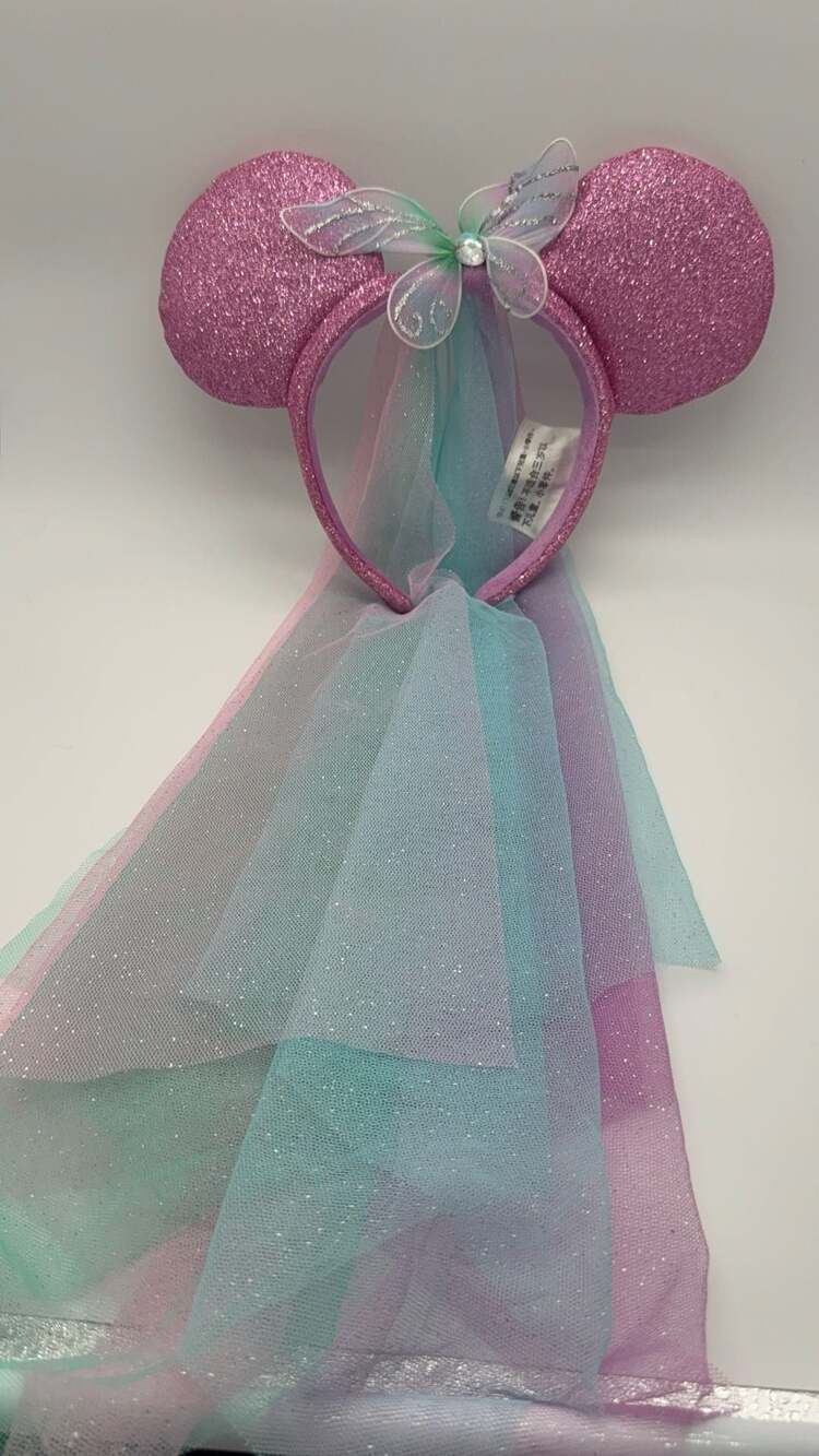 Disney Parks Pink Glitter Butterfly Princess Minnie Mouse Ears Headband w/ Veil